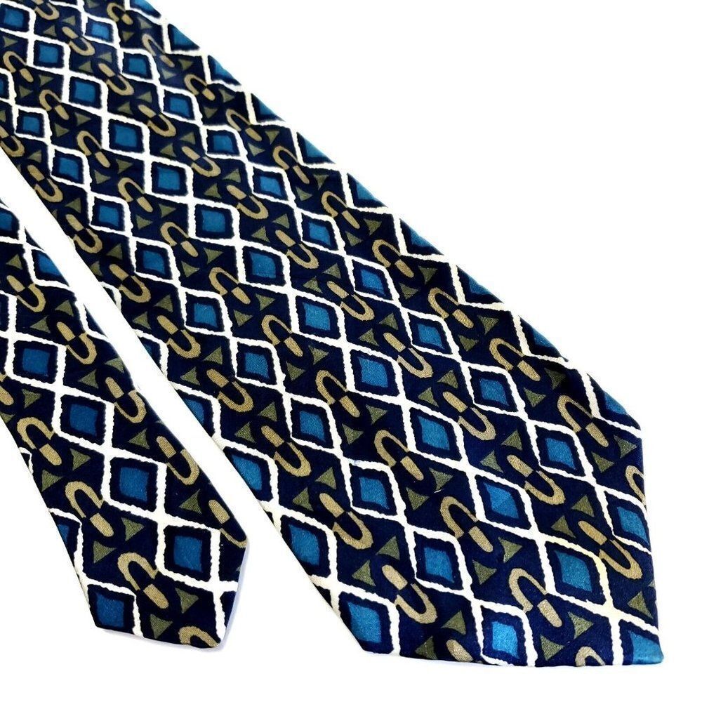 Martin Wong Green Teal Abstract Print Geometric‎ Short Wide Silk Tie